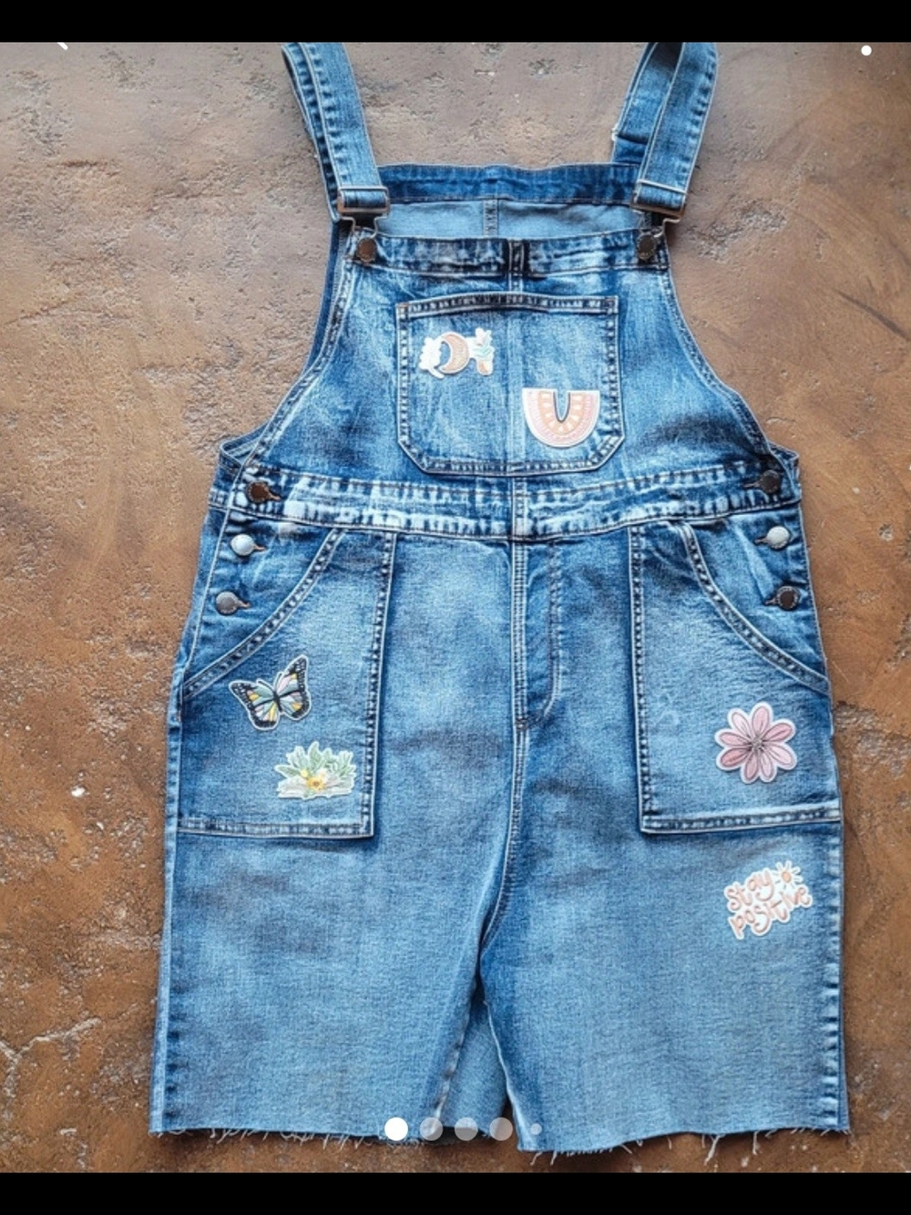 Women's Blue Denim Short Overalls with Embroidered Patches